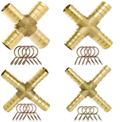 Dailygoods- Slangpilaar 4-Weg Messing Aansluiting - 4 Stuks (6/8/10/12 mm) - Inclusief 16 Slangklemmen - Temperatuurbestendig tot 100℃ - Massief Messing - Geschikt voor Brandstof/Lucht - Slangverbinder