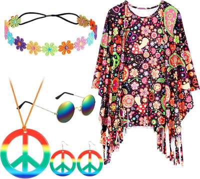 Hippie Kostuum Set van 5 voor Vrouwen met Tie Dye Poncho, Bloemen Haarband, Retro Zonnebril en Vredesteken Sieraden voor Feestoutfits en Themafeestjes