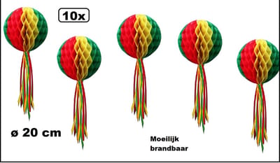 10x Hangdecoratie  bol rood/geel/groen ø 20 cm - Festival thema feest party versiering plafond deco