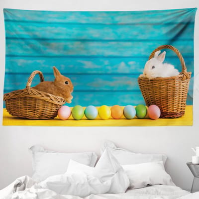 ABAKUHAUS Paashaas Wandtapijt en Sprei, Konijnen in Mandjes, 230 x 140 cm, Multicolor