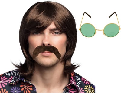 Boland Hippie Sixties verkleedset - Pruik lang haar en plaksnor bruin - bril groen met ronde glazen - heren - Flower Power look