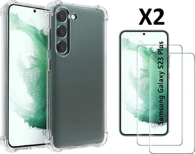 Hoesje Geschikt Voor Samsung Galaxy S23 Plus Hoesje transparant Anti Shock silicone Backcover Met Screenprotector gehard glas – 2 Pack