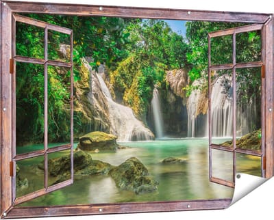 Gards Tuinposter Doorkijk Tropische Waterval - 150x100 cm - Tuindoek - Tuindecoratie - Wanddecoratie buiten - Tuinschilderij