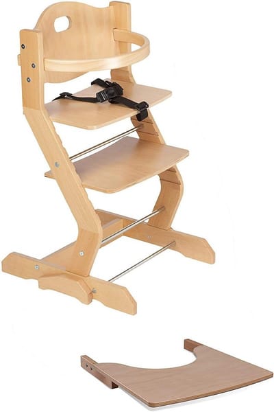 Hoge kinderstoel met tafel en veiligheidsbeugel van massief beukenhout