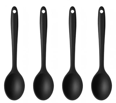 Siliconen Eetlepelset 4 ST. Zwart | Hittebestendig & Vaatwasserbestendig | Anti-aanbaklaag & 100% BPA-vrij | Eetlepel, Lepel, Roerlepel, Kooklepel | Lepel met haakje | Keukengerei, Kookgerei Zwart