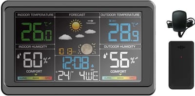 Weerstation Kleurendisplay - Binnen Buiten - Weersvoorspelling - Barometer Kalender - 215x134mm - Zwart