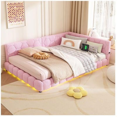 Slaapbank - MUVOE - 140x200 cm - Roze wol - LED sfeer - USB-oplader roze