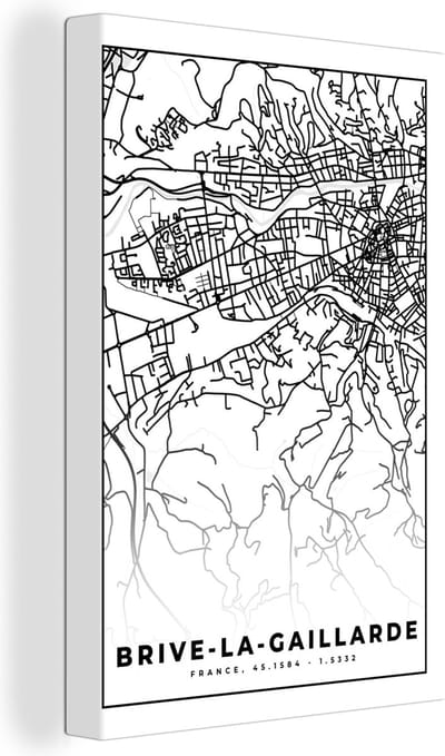 Canvas Schilderij Kaart - Brive-la-Gaillarde - Plattegrond - Frankrijk - Stadskaart - Zwart wit - 20x30 cm - Wanddecoratie