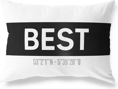 Tuinkussen BEST - NOORD-BRABANT met coördinaten - Buitenkussen - Bootkussen - Weerbestendig - Jouw Plaats - Studio216 - Modern - Zwart-Wit - 50x30cm