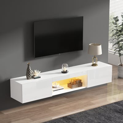 160x31x22cm witte hoogglans wandkast - met LED-verlichting - Bluetooth-app bediening - wand-TV-meubel
