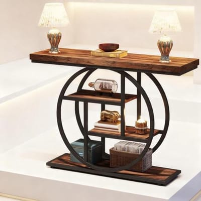 OKWISH Consoletafel - 4 Niveaus Opbergruimte - Voor Hal Woonkamer Of Slaapkamer - Metaal En Hout - Zwart Bruin - 105x30x80 cm