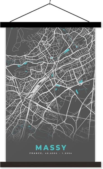 Posterhanger incl. Poster 40x60 cm - Schoolplaat - Massy - Frankrijk - Plattegrond - Kaart - Stadskaart - Textielposter - Zwarte latten - Stadskaart