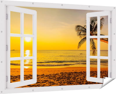 Gards Tuinposter Doorkijk Tropisch Strand tijdens Zonsondergang - 180x120 cm - Tuindoek - Tuindecoratie - Wanddecoratie buiten - Tuinschilderij