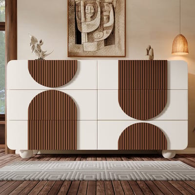 MODFU - Ladekast Met 6 Laden - Gebogen Ontwerp - Dressoir Voor Woonkamer Of Hal - Hout - Wit - 121 X 41 X 71 Cm