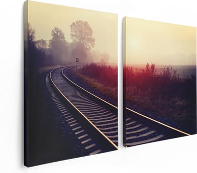 Artaza Canvas Schilderij Tweeluik Spoorweg Rails Tijdens De Herfst Met Mist - 120x80 - Foto Op Canvas - Canvas Print