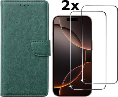 Hoesje Geschikt voor iPhone 16 Pro Max hoesje bookcase met 2 stuks screenprotectors – Groen