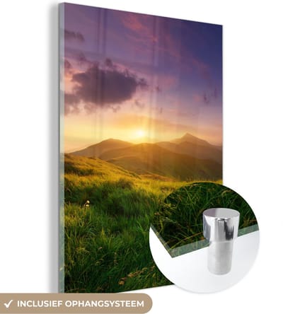 MuchoWow® Glasschilderij 30x40 cm - Schilderij acrylglas - Bergen - Zon - Natuur - Foto op glas - Schilderijen