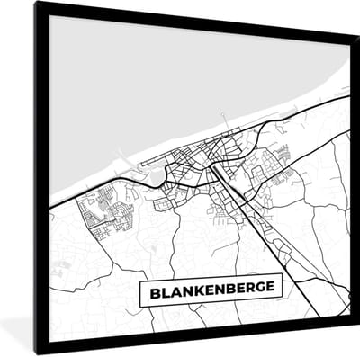 Fotolijst incl. Poster Zwart Wit- Stadskaart – Plattegrond – België – Zwart Wit – Blankenberge – Kaart - 40x40 cm - Posterlijst