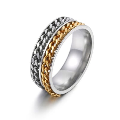 Anxiety Ring - (Dubbele Ketting) - Stress Ring - Fidget Ring - Anxiety Ring For Finger - Draaibare Ring - Spinning Ring - Zilver-Goud kleurig RVS - (17.50mm / maat 55)