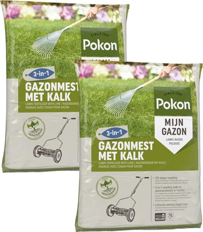 Pokon Gazonmest met Kalk - 2 x 5kg - Mest - Geschikt voor 2 x 75m² - 120 dagen voeding