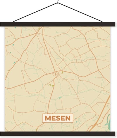 Posterhanger incl. Poster 60x60 cm - Schoolplaat - Kaart - Plattegrond - Mesen - Stadskaart - België - Textielposter - Zwarte latten - Stadskaart