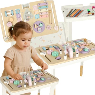 Playos® - 2 in 1 Activiteitentafel - Pastelkleuren - Roze / Paars - 47.5 cm x 29.5 cm x 37 cm - Activity Center - Speeltafel Baby - Motorische en Cognitieve Ontwikkeling - Xylofoon - Vormsorteerder - Kralenspiraal