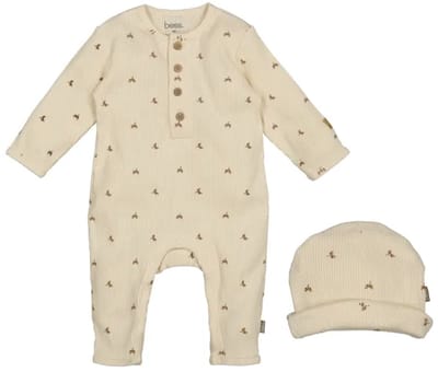 B.E.S.S. Unisex Jumpsuit en mutsje beige printje maat 56