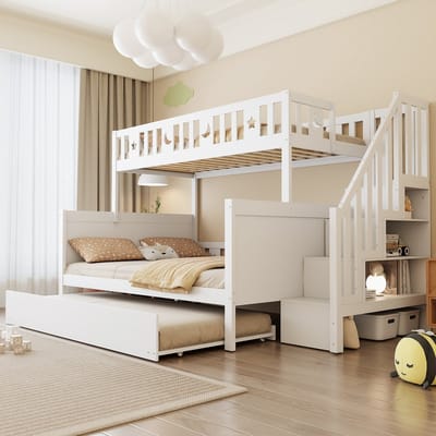 REDOM Bedframe 90x200/140x200 cm – Massief hout – Met trap, uittrekbed & opbergruimte – Wit