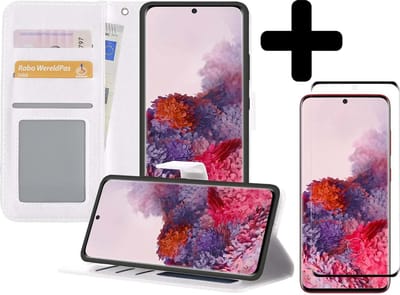 Hoesje - Met Screenprotector - Geschikt voor Samsung Galaxy S20 - Luxe Pasjeshouder - Bookcase Portemonee - Flip Case - Kunstleer Book Case - Flipcase - Book Cover - Walletcase - Portemonneehoes - Telefoonhoesjes - Wit