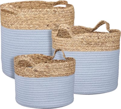 Oneiro’s Luxe Bloempot POT Torba mand rond l.blauw set van 3 - H32xD33cm – hotel chique - binnen ––– accessoires – tuin – decoratie – bloemen – mat – glans – industrieel - droogbloemen