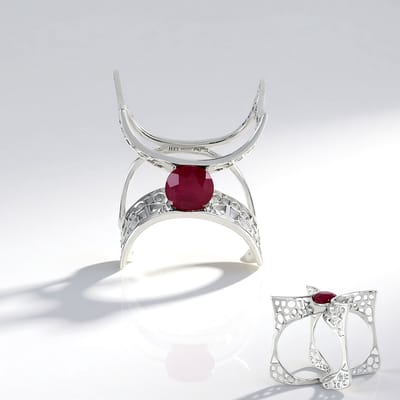 Cavill - Luxe Damesring 925 Sterling Zilver - 1,698 ct Briljant Geslepen Robijn Madagaskar - Platina Geplateerd - Moderne Elegante Melo Essence Ring