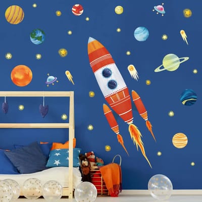 Allecto - Muursticker Raketten - Ruimte Wanddecoratie - Veilig en Verwijderbaar - Geschikt voor Kinderen - Artistiek Zonnestelsel - 9 Onderdelen