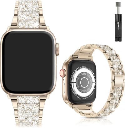 Stravo Luxe Elegante Diamant Shining Bandje Geschikt voor Apple Watch 42mm (Series 11/10), 41mm (Series 9/8/7), 40mm (Series 6/5/4, SE 3/2/1), 38mm (Series 3/2/1) - Vintage Goud - iWatch Bandje Sieraden, Verstelbaar Metaal Horlogebandje