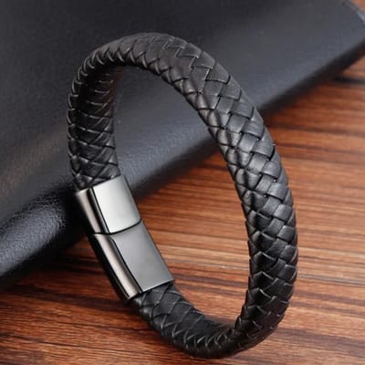 Trendy Heren Sieraden Rood Gevlochten Leren Touw Armband Zwarte Magnetische Sluiting Armbanden Punk Heren Polsband Pulsera Hombre 22cm gray