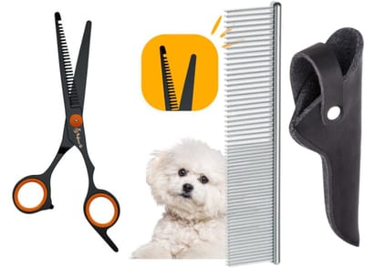 Professionele Uitdunschaar voor Honden – Rechtshandig – RVS Effileerschaar / Coupeschaar – Ideaal voor Dikke & Langharige Vachten met Luxe Lederen Etui – 16,5 cm – Zwart + Anti-Klit Kam – Pijnloos & Huisdiervriendelijk