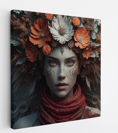 Saammp Canvas Schilderij - Vrouw met oranje bloemen - abstract - 20x20 - Foto op canvas - Wanddecoratie - Muurdecoratie Woonkamer - Slaapkamer decoratie - Canvas Print