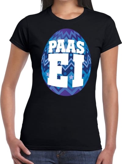 Zwart Paas t-shirt met blauw paasei - Pasen shirt voor dames - Pasen kleding XS