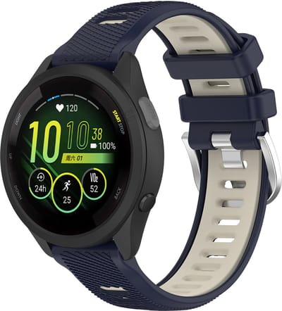 Strap-it Sport siliconen smartwatch bandje 20mm geschikt voor Garmin Vivoactive 6 / 5 / 3 / Vivomove / 3 / HR / Style / Luxe / Sport / Trend / Forerunner 645 / 570 / 245 / 170 / 165 / 70 / 55 / Venu / SQ / SQ2 / 2 Plus - Donkerblauw/beige
