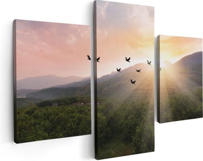 Artaza Canvas Schilderij Drieluik Silhouet Zwerm Vogels Bij Zonsondergang - 90x60 - Foto Op Canvas - Canvas Print