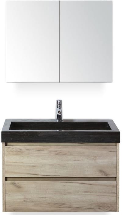 Dante Badmeubelset 80 cm - Craft Oak - Wastafel Hardsteen Wit Lucca met Spiegelkast