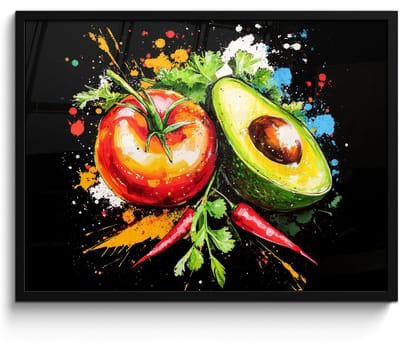 Poster in lijst - Fotolijst 70x50 cm - Posters - Tomaat - Avocado - Peper - Graffiti - Verf - Modern - Posterlijst zwart - Decoratie - Wanddecoratie woonkamer - Muurdecoratie slaapkamer