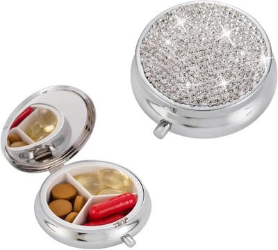Pillendoos met 3 Compartimenten, Waterdichte Organizer voor Vitaminen, Supplementen en Visolie met Bling Kristallen Decoratie
