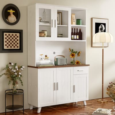 STILVORA Hoogkast - Veel Opbergruimte Met Vitrines - 5 Deuren 1 Lade 2 Open Vakken - Dempingsscharnieren - Spaanplaat - 114x40x190 Cm - Wit+Bruin