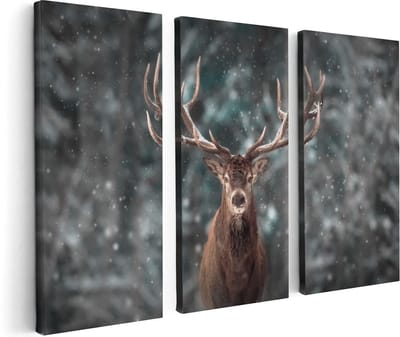 Artaza Canvas Schilderij Drieluik Hertenkop - Hert In De Sneeuw - 120x80 cm - Wanddecoratie Woonkamer - Schilderijen - Muurdecoratie