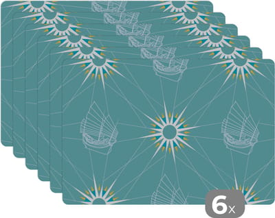 Placemat - Placemats kunststof - Kompas - Zeilen - Boot - Patronen - 45x30 cm - 6 stuks - Hittebestendig - Anti-Slip - Onderlegger - Afneembaar