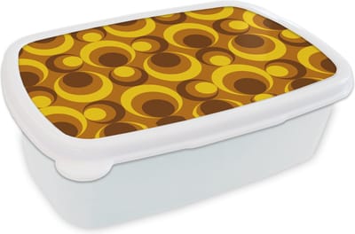 Broodtrommel Wit - Lunchbox Patronen - Retro - Bruin - Geel - Brooddoos 18x12x6 cm - Brood lunch box - Broodtrommels voor kinderen en volwassenen