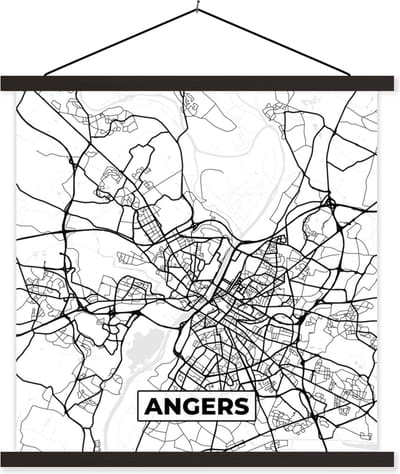 Posterhanger incl. Poster 60x60 cm - Schoolplaat - Stadskaart - Plattegrond - Angers - Kaart - Frankrijk - Zwart wit - Textielposter - Zwarte latten - Stadskaart