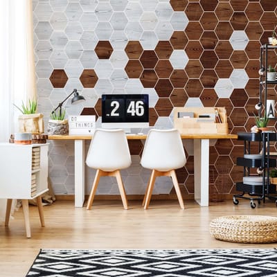 Fotobehang - Vlies Behang - Houten Hexagon Mozaïek - 416 x 290 cm