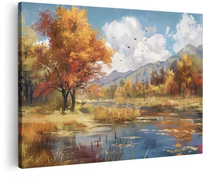 Artaza Canvas Schilderij Herfstlandschap - 90x60 cm - Wanddecoratie Bergen - Muurdecoratie Natuur - Decoratie Bos Woonkamer - Herfstkleuren