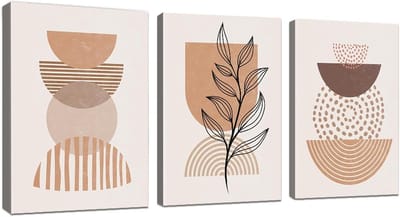 Abstracte Geometrische Canvas Schilderijen Set van 3 - Boho Neutrale Wanddecoratie Ingelijst - Woonkamer en Slaapkamer Kunst